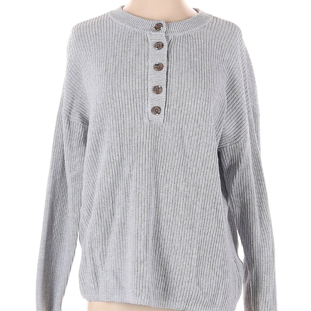 AERIE Gray Knit Quarter Button Up Long Sleeve Pullover Sweater XL
